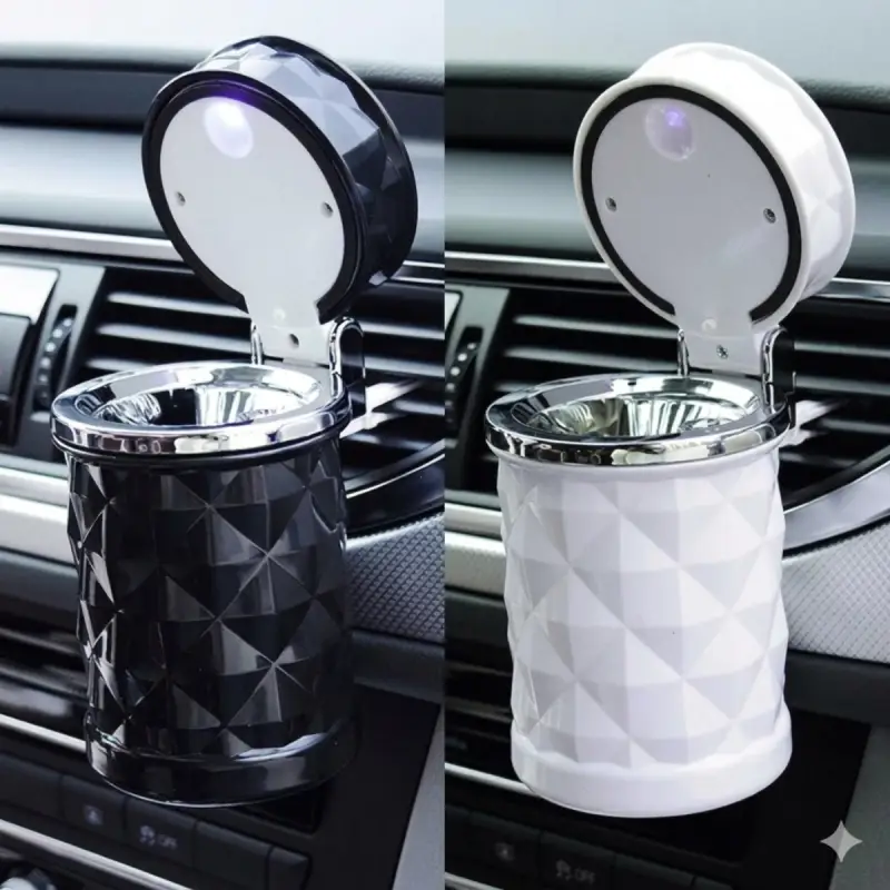 Cendrier de Voiture LED HT-012 – Design Cristal Diamant – Avec Couvercle – Blanc / Noir – Universel