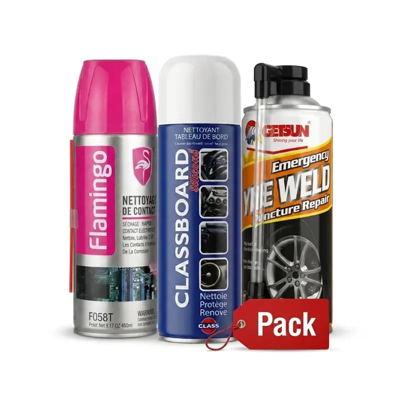 Pack Entretien Auto 3-en-1 – Nettoyant Contact Flamingo + Nettoyant Tableau de Bord Classboard + Anti-Crevaison Getsun Tire Weld